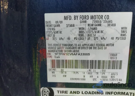 2010 Ford F-150 Fx4/Harley-Davidson/King Ranch/Lariat/Platinum/Xl/Xlt from USA, damaged, VIN 1FTFW1EV6AFA33005